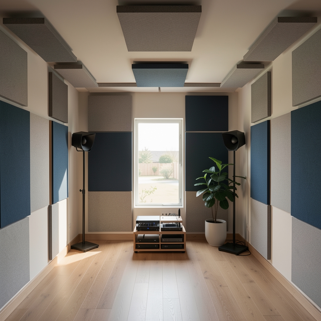 Dijagram ranog reflekcionog polja stereo sistema koji pokazuje tačke na bočnim zidovima i plafonima gde se postavljaju akustični paneli