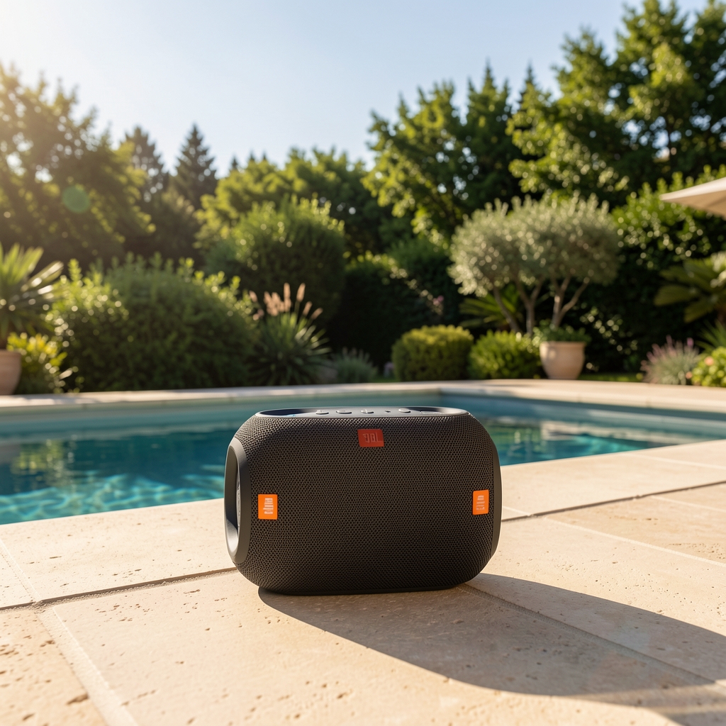 JBL Xtreme 3 prenosivi Bluetooth zvučnik na terasi uz bazen sa prirodnom zelenom pozadinom i jakim suncem