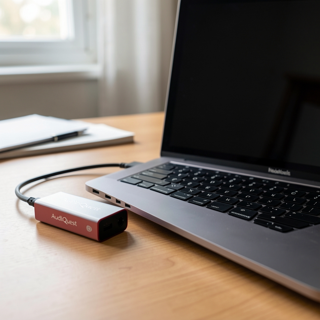 AudioQuest DragonFly Red USB DAC i slušalično pojačalo priključeno na MacBook laptop na radnom stolu