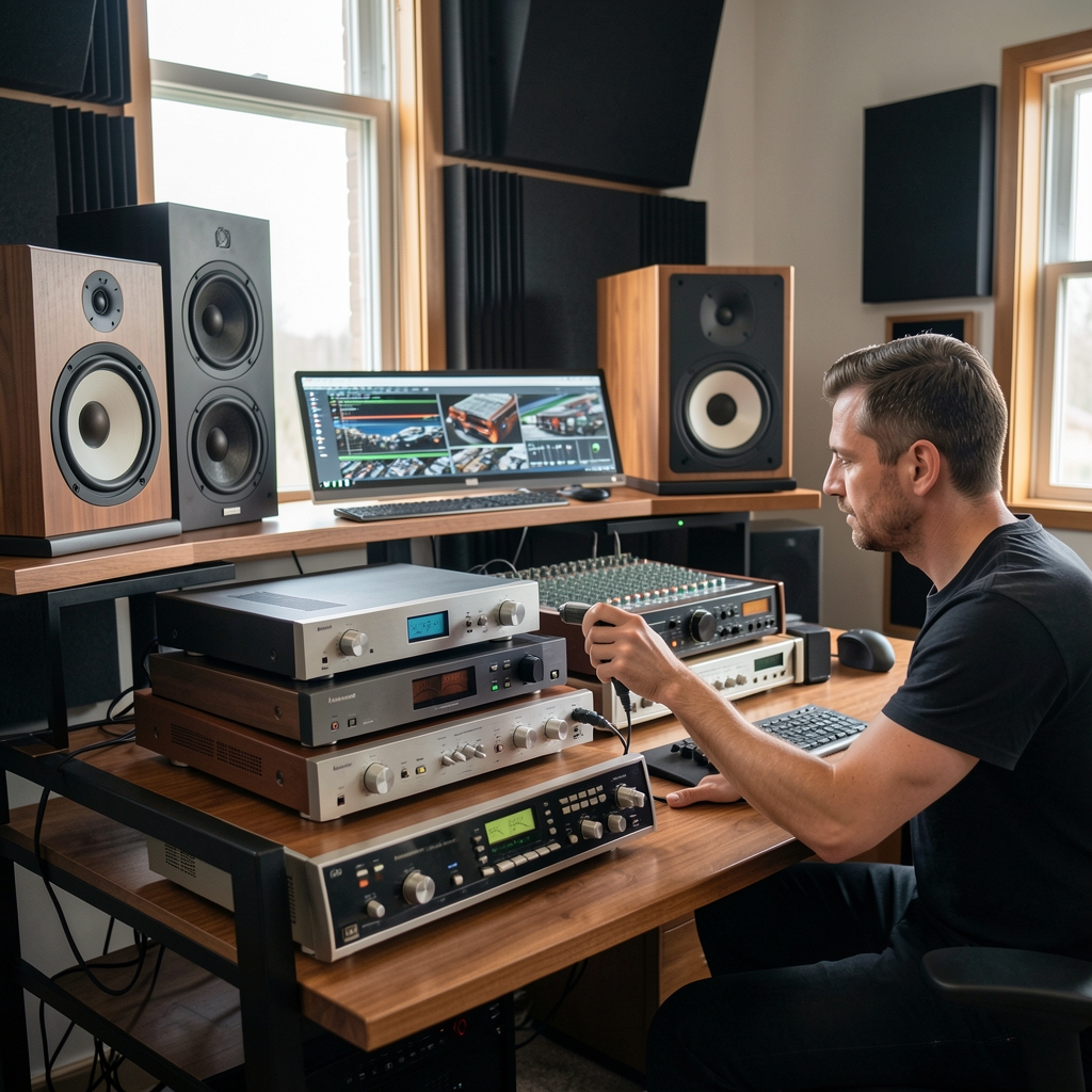 Audio stručnjak testira Hi-Fi sistem u profesionalnom audio studiju okružen zvučnicima i mernom opremom