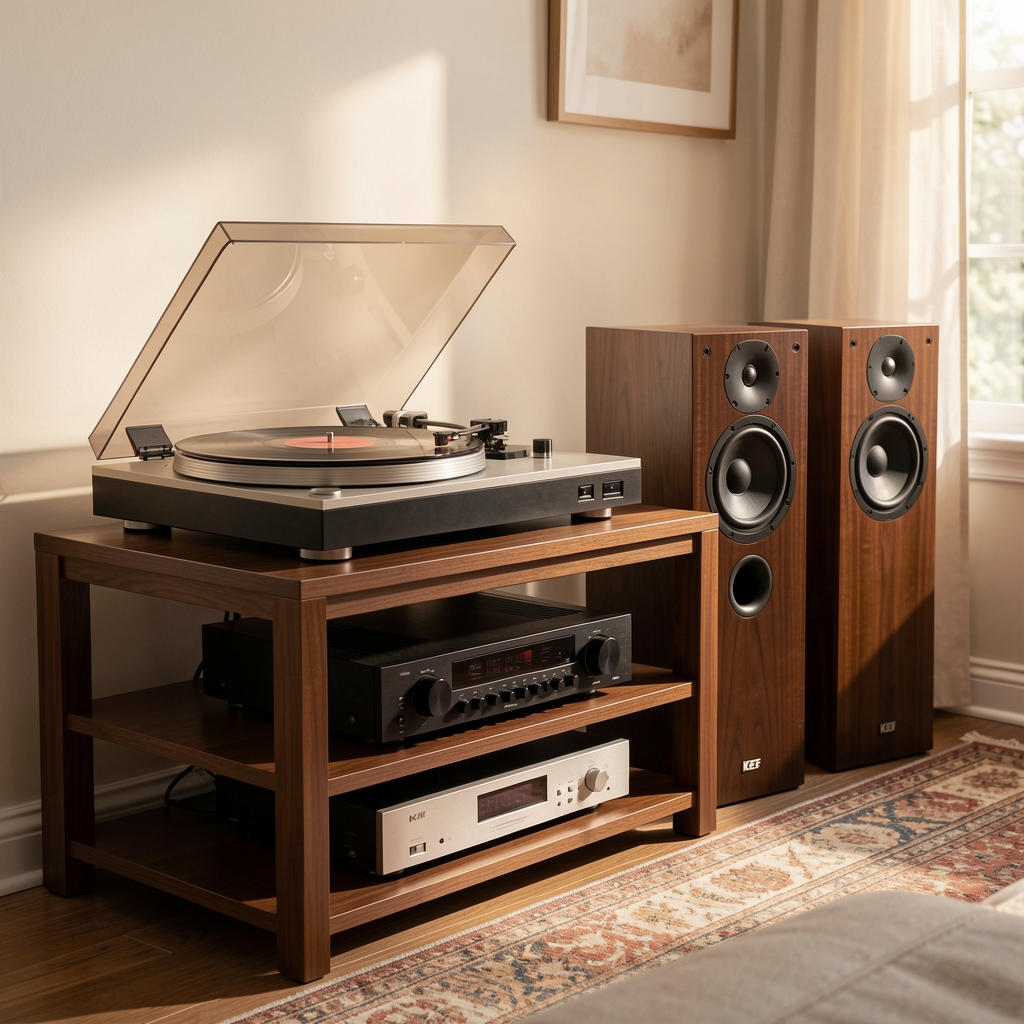 Kompletan Hi-Fi sistem sa vinilnim gramofonom, tube pojačalom i par KEF zvučnika u toplom osvetljenom dnevnom boravku