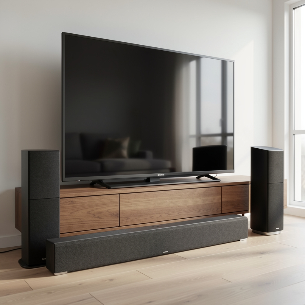 Tri soundbar sistema Sony, Samsung i Sonos postavljeni ispred televizora za komparativno testiranje