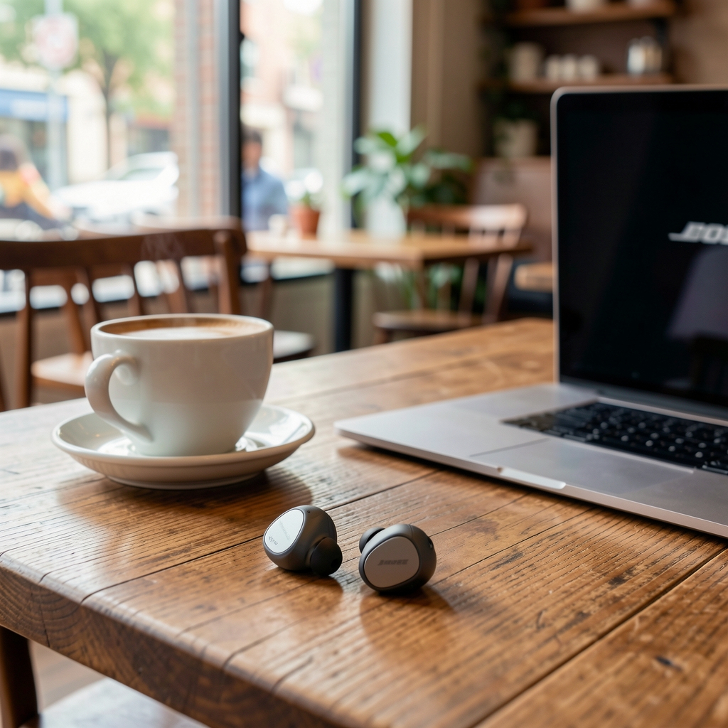 Bose QuietComfort 45 bežične slušalice na drvenoj površini pored kafe i laptopa u kaffe ambijentu