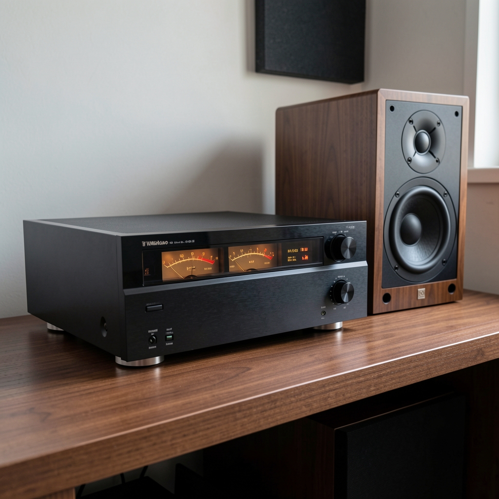 Integrisano stereo pojačalo Yamaha A-S801 sa analognim VU metrima i crnim kućištem snimljeno na audio stolu pored Hi-Fi zvučnika