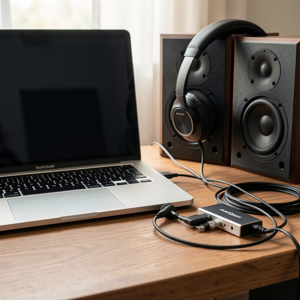 Kompaktan USB DAC/pojačalo za slušalice na radnom stolu pored laptop računara