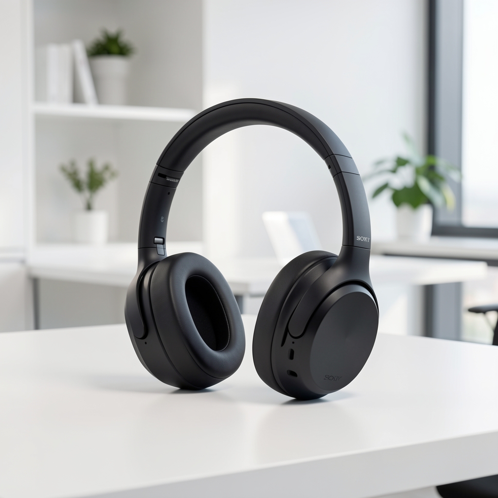 Sony WH-1000XM5 bežične over-ear slušalice crne boje sa aktivnom redukcijom buke na beloj podlozi u studijskom ambijentu