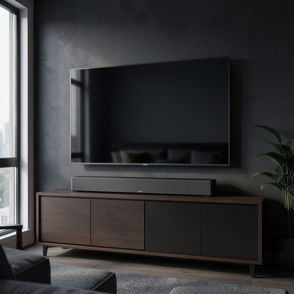 Elegantni crni soundbar ispod flat-screen televizora u modernoj dnevnoj sobi