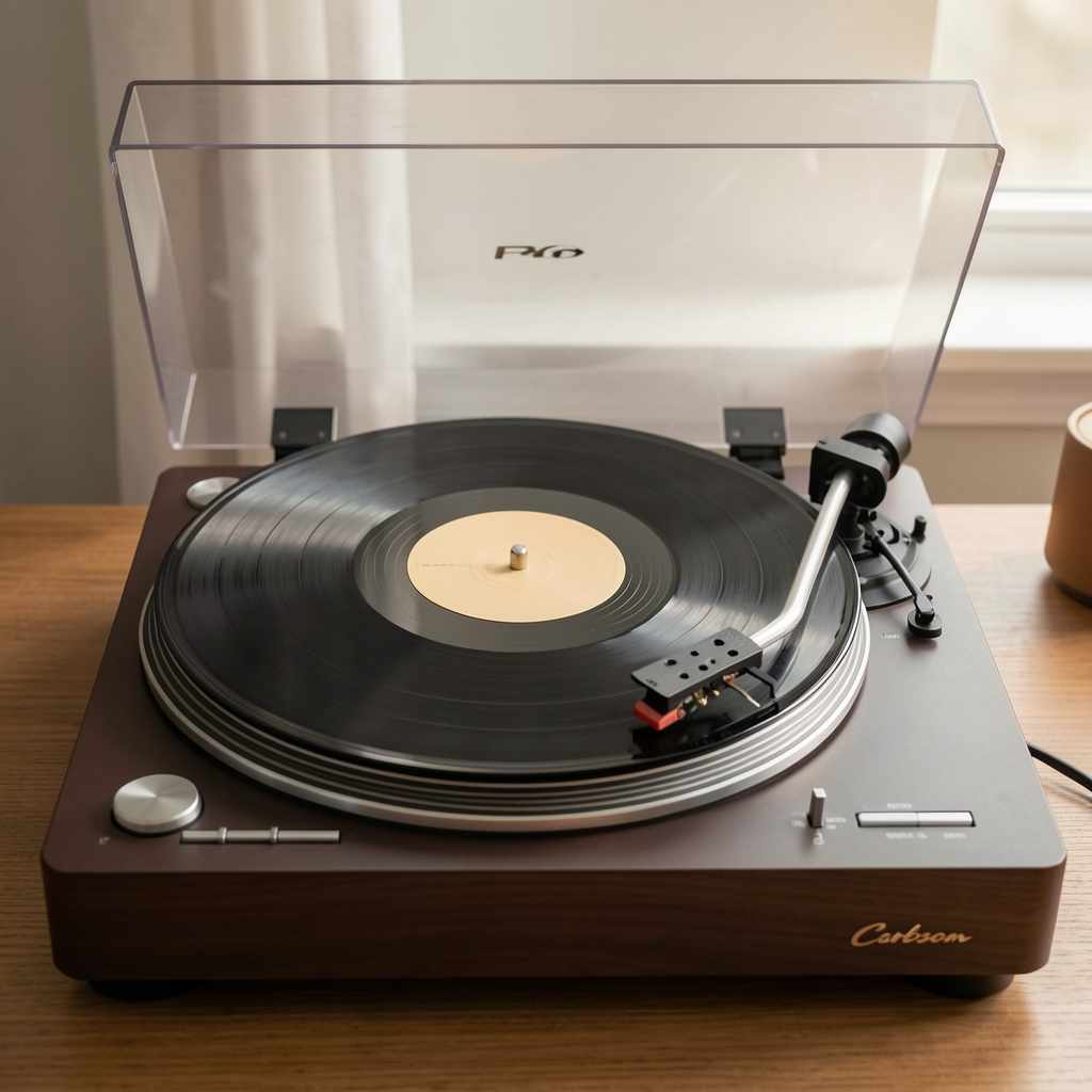 Elegantni vinilni gramofon Pro-Ject Debut Carbon sa tonom armom i LP pločom snimljen u prirodnoj svetlosti izbliza