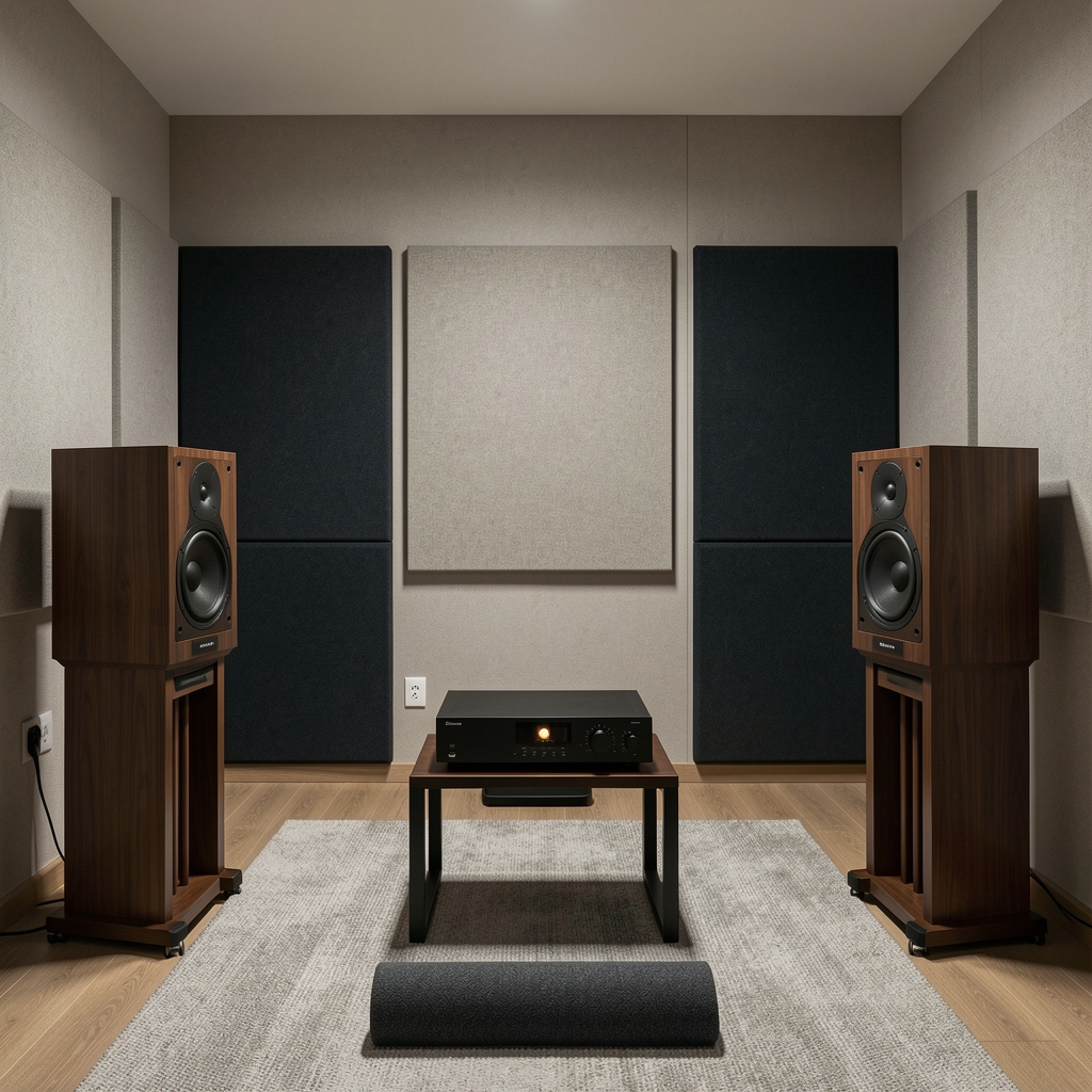 Akustički tretirana listening soba sa akustičnim panelima na zidovima, pravilno pozicioniranim Hi-Fi zvučnicima i listening tačkom