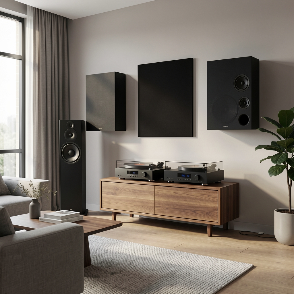 Elegantna moderna dnevna soba sa premium Hi-Fi audio sistemom, crnim zidnim zvučnicima i vinilnim plejerom na drvenom postolju