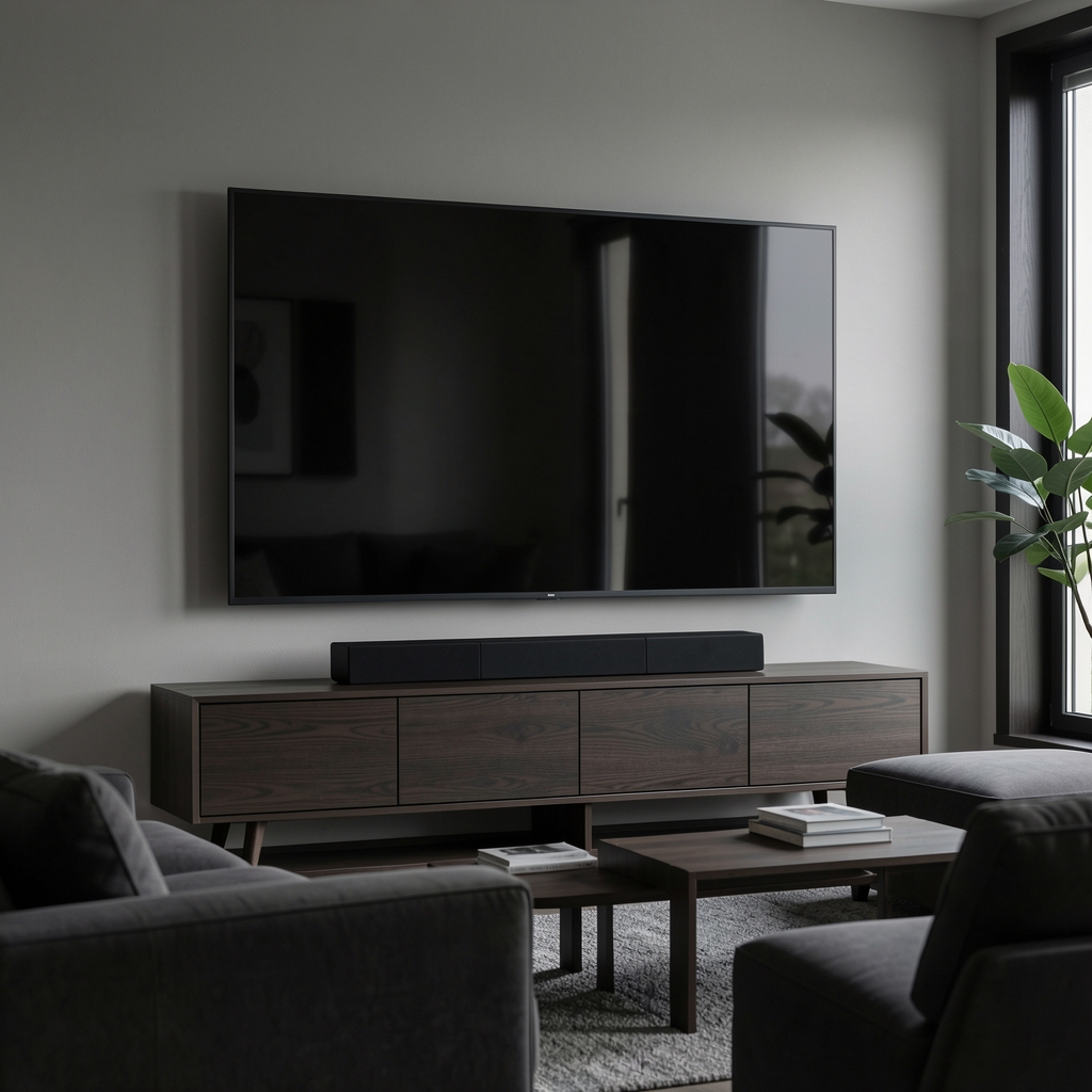 Moderni crni soundbar ispod velikog OLED televizora u minimalističkoj dnevnoj sobi sa tamnim nameštajem
