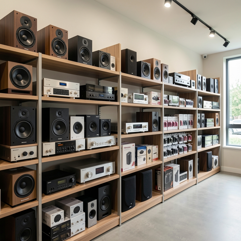 Profesionalni audio showroom sa izloženim zvučnicima, pojačalima i slušalicama raznih brendova poređanim na policama