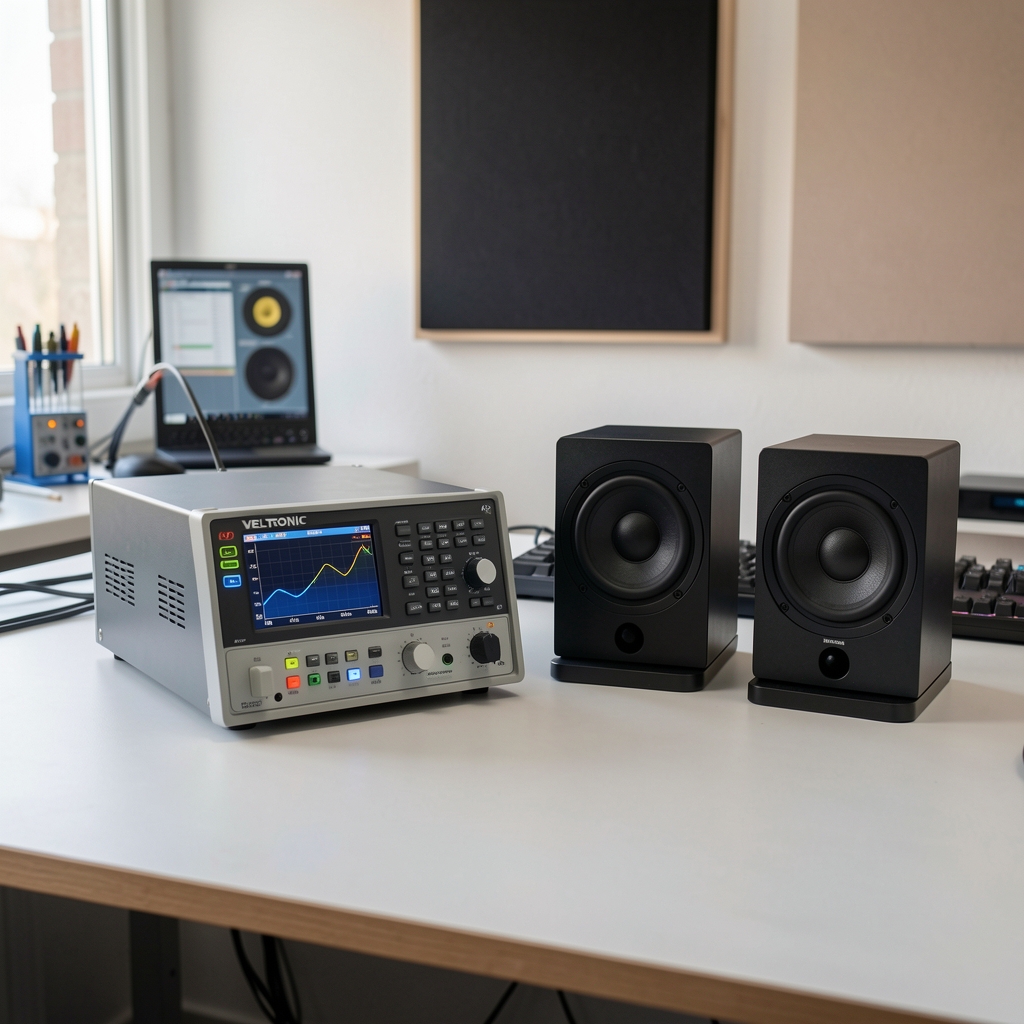 Veltronic merno laboratorijsko okruženje sa audio analizatorom Audio Precision APx555 i testnim zvučnicima na anehoidnom stolu