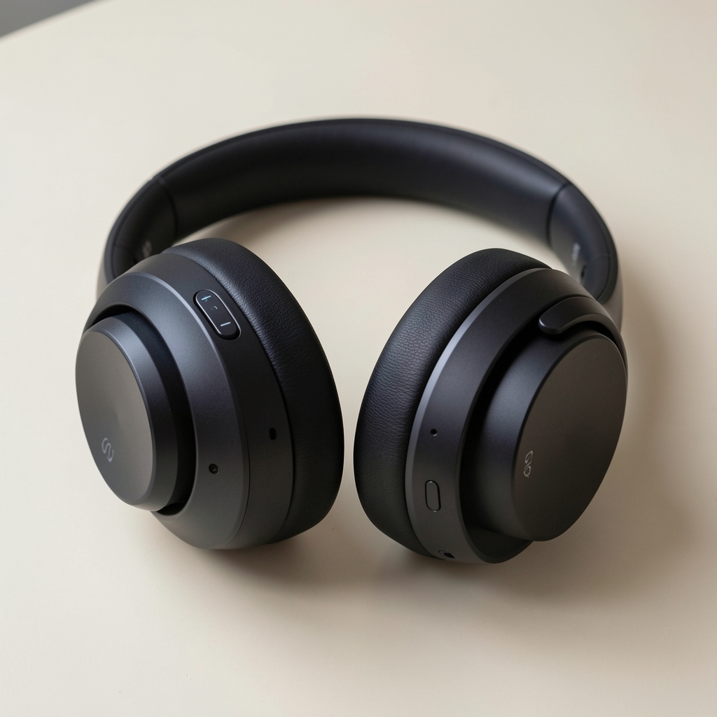 Sony WH-1000XM5 crne over-ear bežične slušalice sa ANC industrije prikazane na svetloj površini